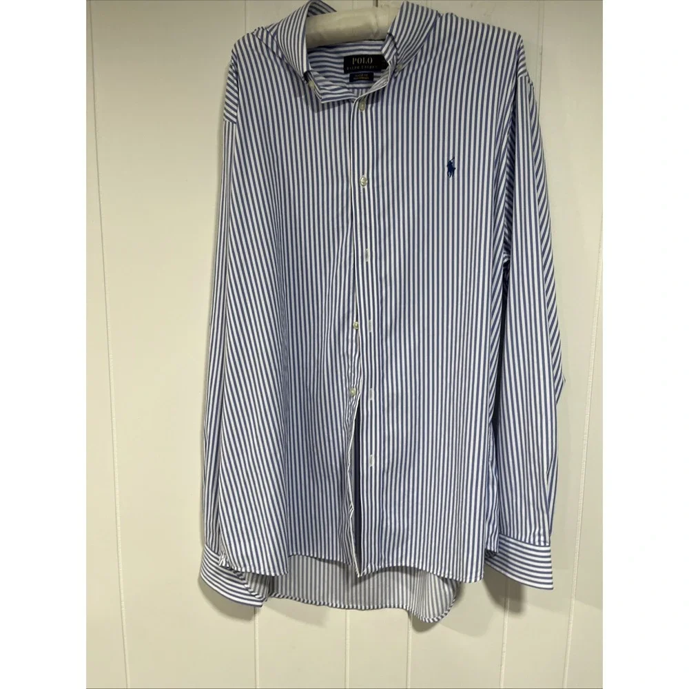 Polo Ralph Lauren Shirt Mens 2XL Blue Stripe Classic Fit Performance Long Sleeve